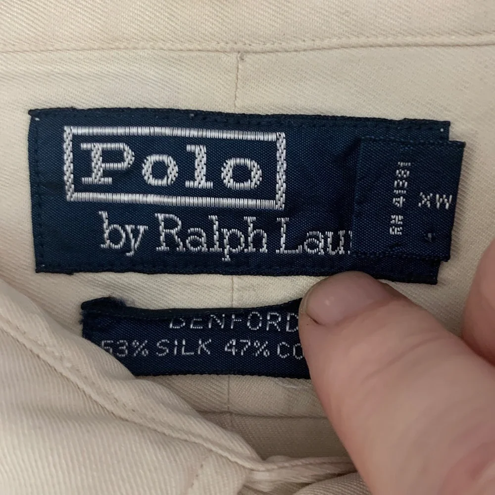 VTG Polo Ralph Lauren Button Down Benford Shirt Mens XL Beige Silk Cotton